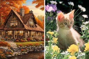Cottage in autumn, surrounded by crunchy leaves. Next to a separate image of a kitten in a field, surrounded by flowers.