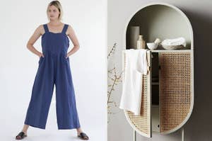 on the left a blue wide-legged jumpsuit, on the right a white waffle towel set