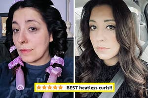 on left: reviewer wearing purple heatless curls. on right: same reviewer with defined waves after using the heatless curls