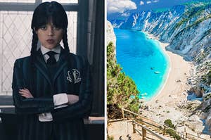 On the left, Jenna Ortega crossing her arms as Wednesday Addams on Wednesday, and on the right, looking down at a Grecian beach surrounded by mountains