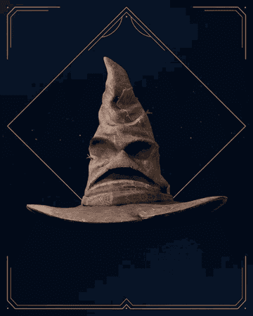 The sorting hat floats in an empty blue square