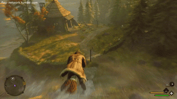 A young wizard flies a broomstick past a run-down hut on the edge of the forest