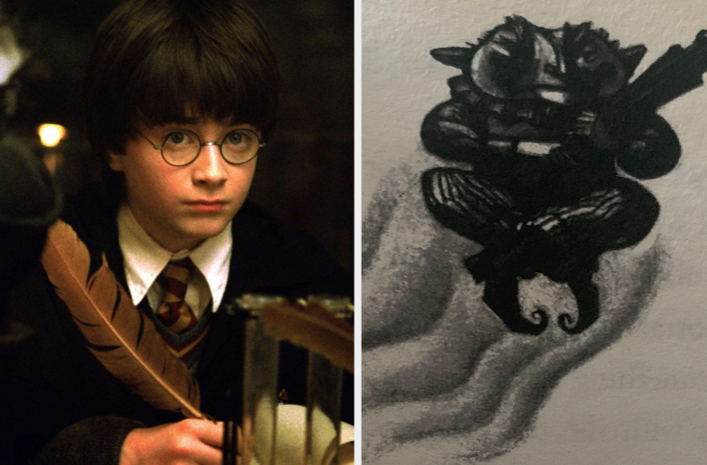 Harry Potter in the movies and an illustration of Peeves in the books
