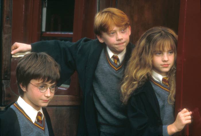 Harry, Ron and Hermione in the movie adaptation of &quot;Harry Potter and the Sorcerer&#x27;s Stone&quot;