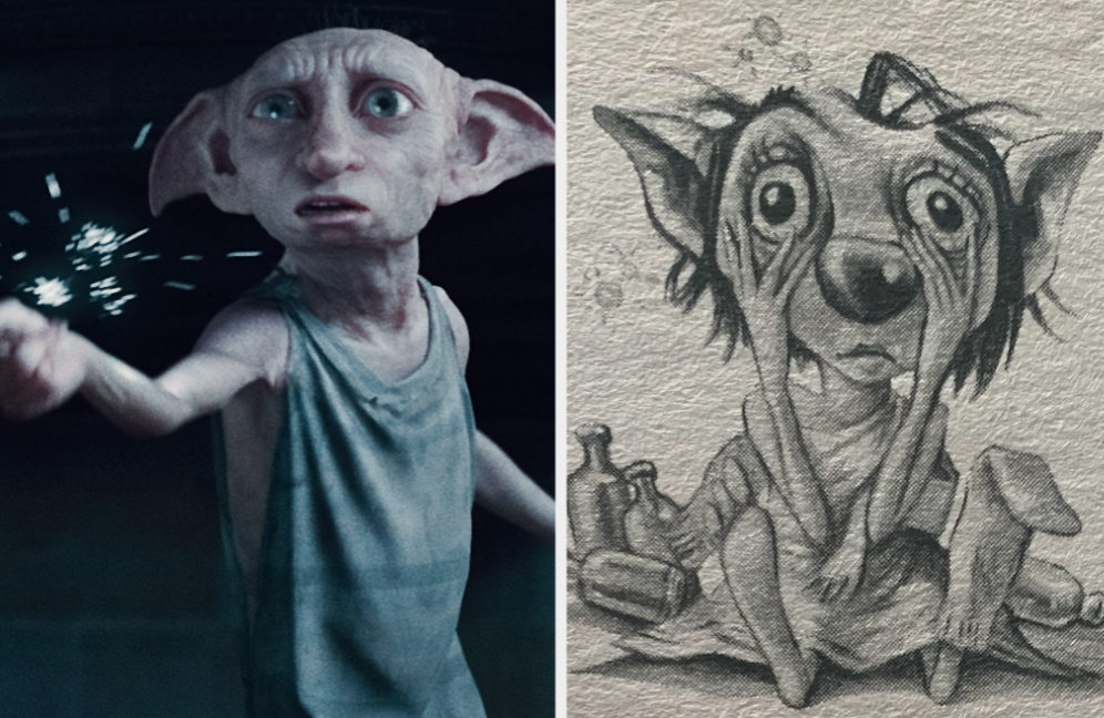 Dobby in the movies and an illustration of Winky in the books