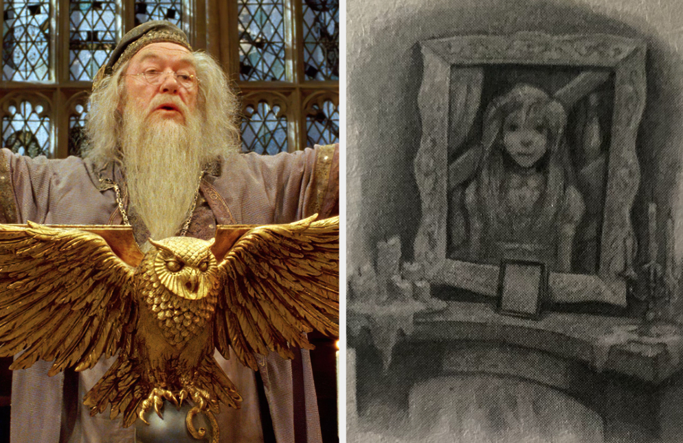Dumbledore in the movies and an illustration of Ariana in the books