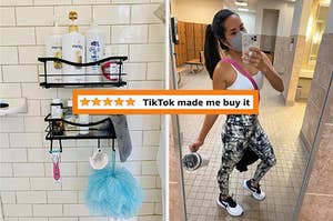 on left, black shelves filled with shampoo and conditioner on shower wall. on right, reviewer wearing cropped white workout tank top with black-and-white leggings