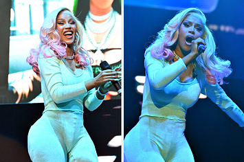 Cardi B smiles onstage vs Cardi B raps aggressively into a microphone
