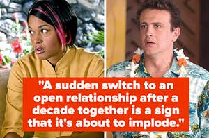 Kali Hawk and Jason Segel, text: "A sudden switch to an open relationship after a decade together is a sign that it's about to implode."