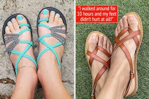 reviewer wearing sporty teal sandals / reviewer wearing brown leather sandals with a positive review quote 