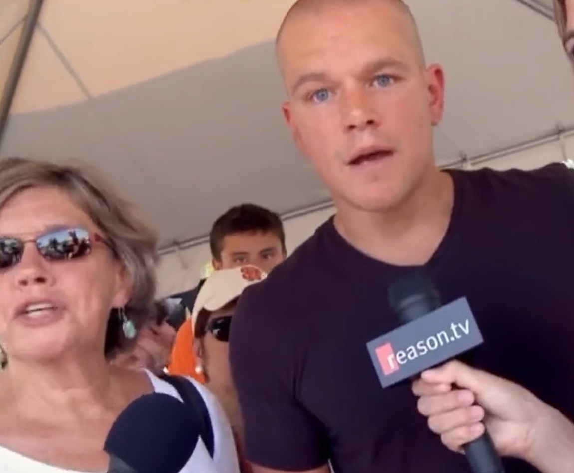 Closeup of Matt Damon and his mother being interviewed