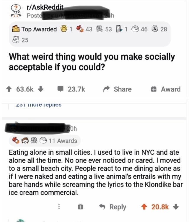 &quot;People react to me dining alone as if I were naked and eating a live animal&#x27;s entrails while screaming the lyrics to the Klondike bar commercial&quot;