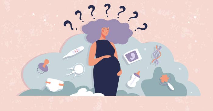 Animated image of a pregnant woman with question marks above her head