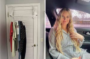on left: over-the-door retractable hanger with clothes on hangers. on right: reviewer with blonde waves after using wavy hair styling tool