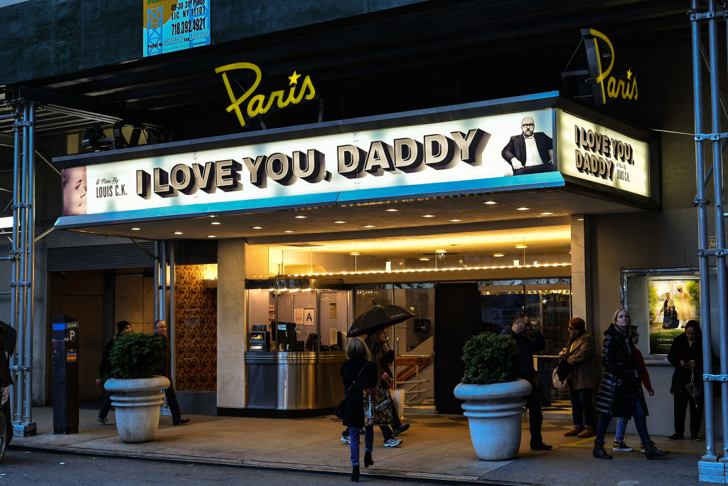 Paris Theater awning showing Louis CK's "I Love You, Daddy"
