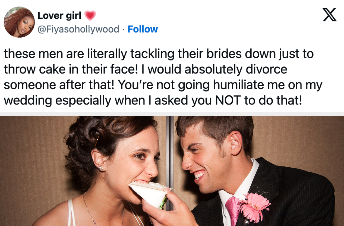 &quot;these men are literally tackling their brides down just to throw cake in their face!&quot; above an image of a groom feeding his bride a slice of cake
