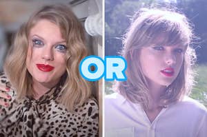 On the left, Taylor Swift crying off her makeup in the Blank Space music video, and on the right, Taylor Swift in a field in the style music video with or typed in the middle