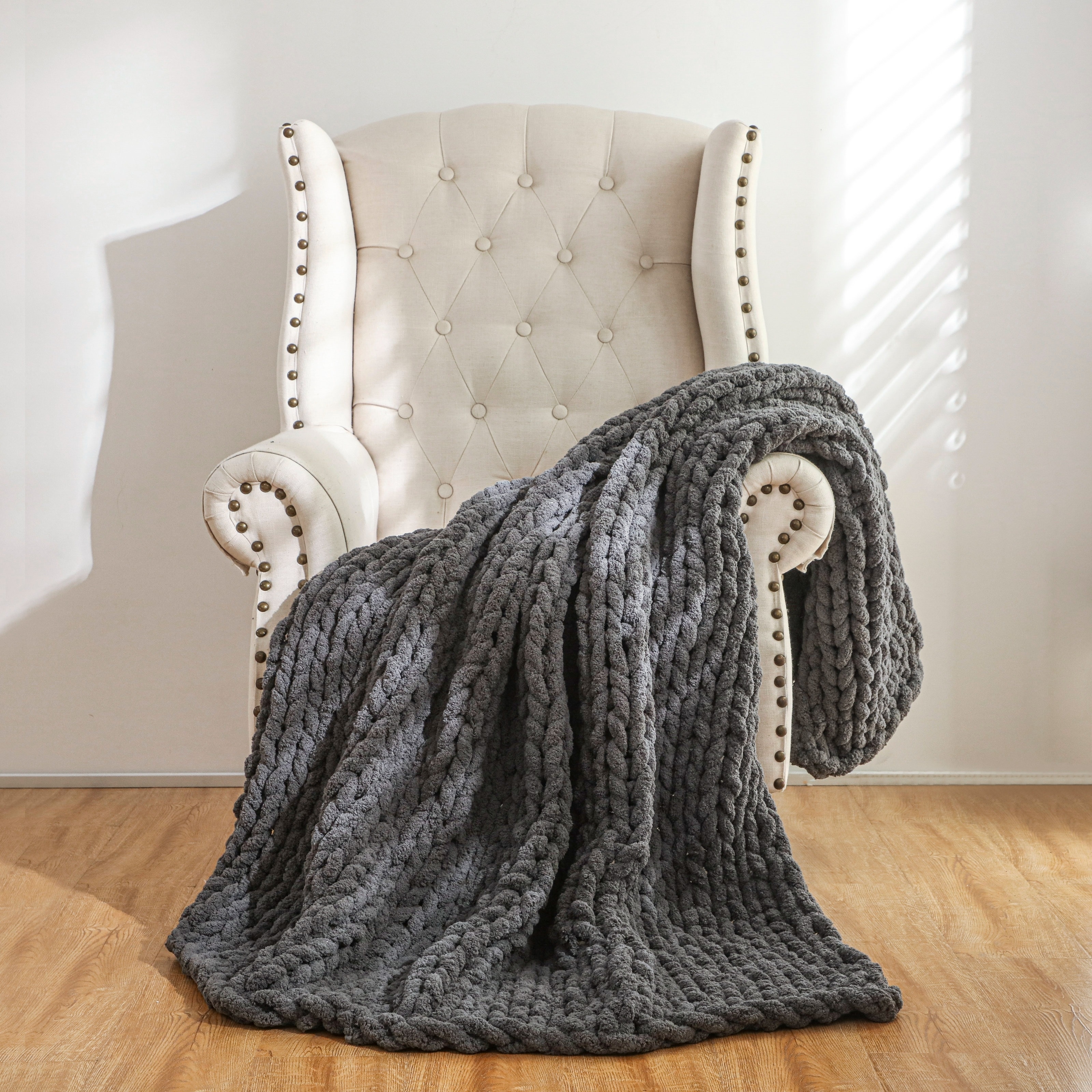 the chunky knit throw on a chair