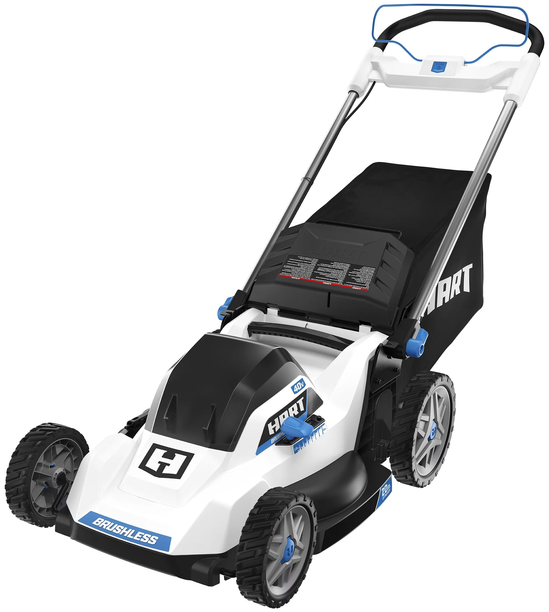The mower, featuring four wheels, a push handle, and a white and blue color scheme