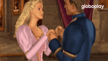 gif of Barbie and the prince from barbie rapunzel holding hands