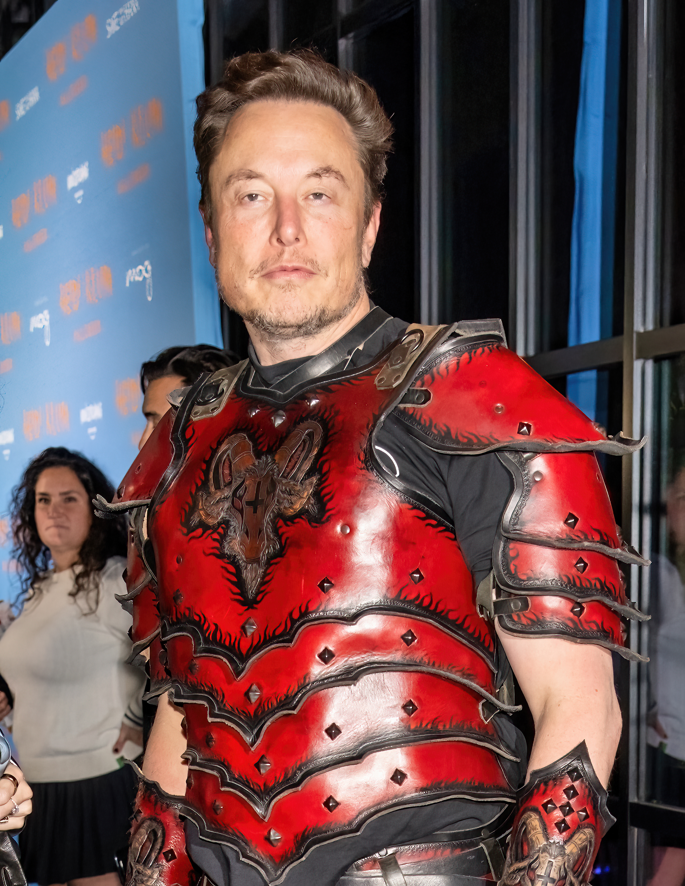 Closeup of Elon Musk in an armored costume