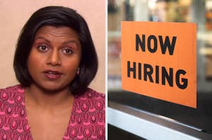mindy kaling in the office next to a sign reading "now hiring"