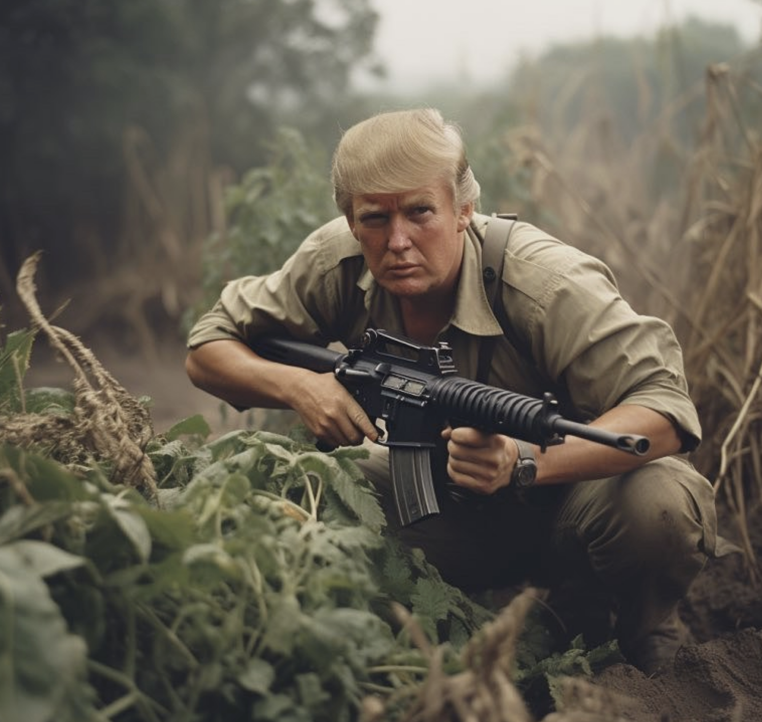 Trump hiding in the grass with a gun