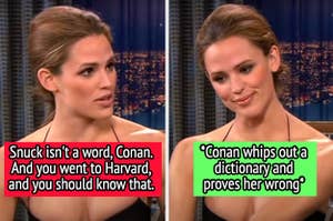 Jennifer Garner tried to correct Conan's grammar, then he pulled out a dictionary and proved her wrong
