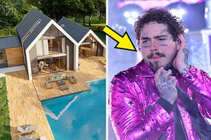 a giant modern mansion with a pool on the left and post malone singing on the right