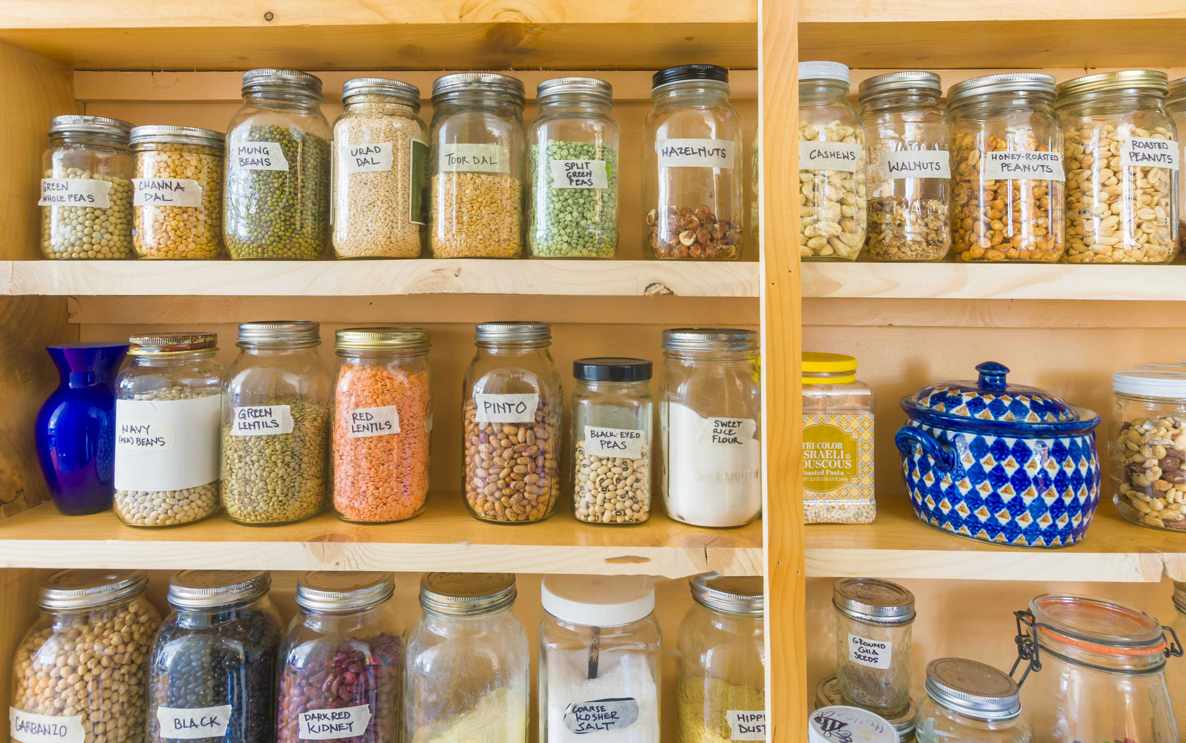 pantry full of dried goods in glass jars