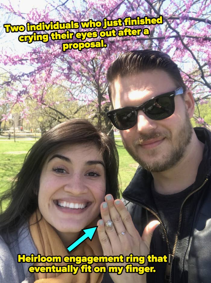 Raven Ishak and Stephen Dominick outside with the engagement ring