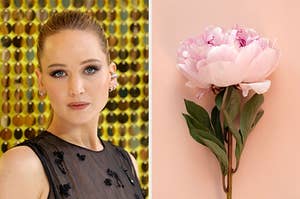 On the left, Jennifer Lawrence, and on the right, a peony
