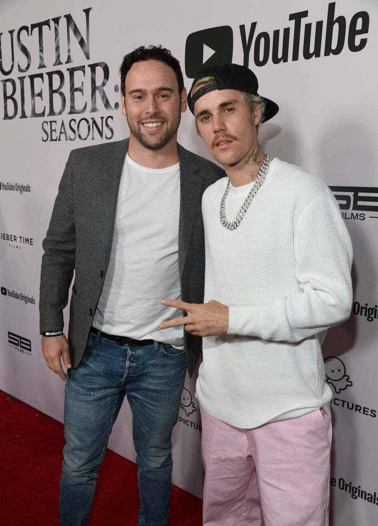 A close-up of Scooter and Justin on the red carpet