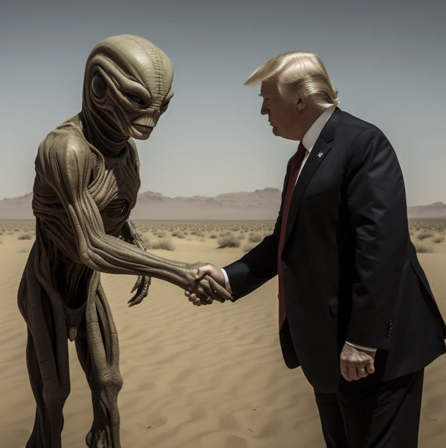 Trump shaking hands with an alien