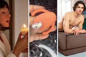 Model holding massage candle, hand holding orange clitoral vibrator and model posing on brown sex ottoman
