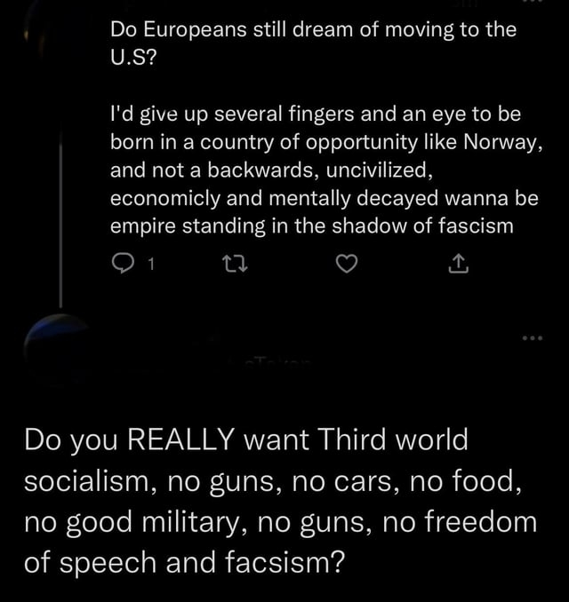 Someone says they wish they had been born in Norway, and an American responds &quot;do you really want third-world socialism, no guns, no cars, no food, no good military, no guns, no freedom of speech, and fascism?&quot;