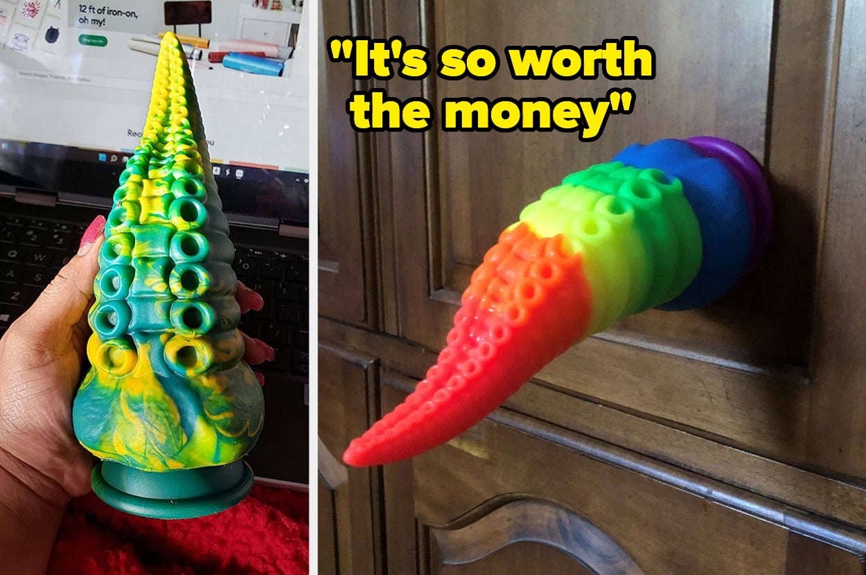 Reviewer holding green and yellow tentacle dildo and reviewer photo of rainbow tentacle dildo attached to door