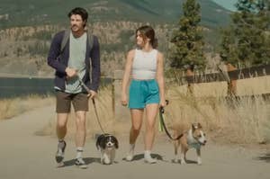 lucy hale and grant gustin walking the dogs in 'puppy love'