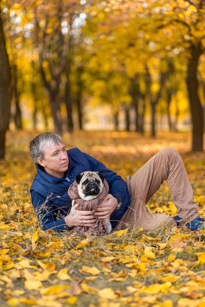 A man laying in the autumn grass with a pug