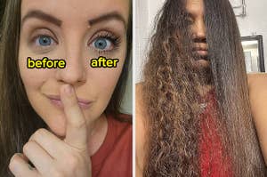 reviewer before and after volumizing mascara and different reviewer with frizzy then smooth hair before and after hair treatment