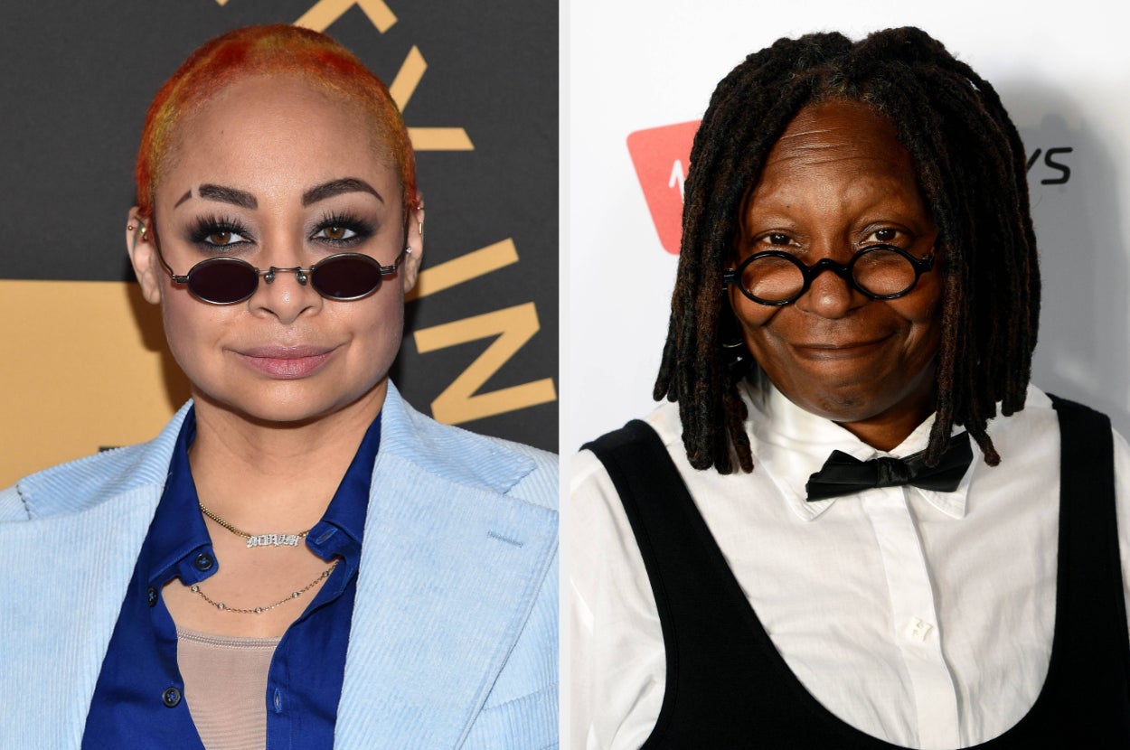 Raven Symoné looks over her glasses as she poses for a photo vs Whoopi Goldberg smiles for a photo