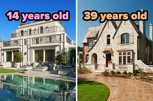 On the left, a modern mansion with a pool out back labeled 14 years old, and on the right, a stone mansion with a brick path leading up to it labeled 39 years old
