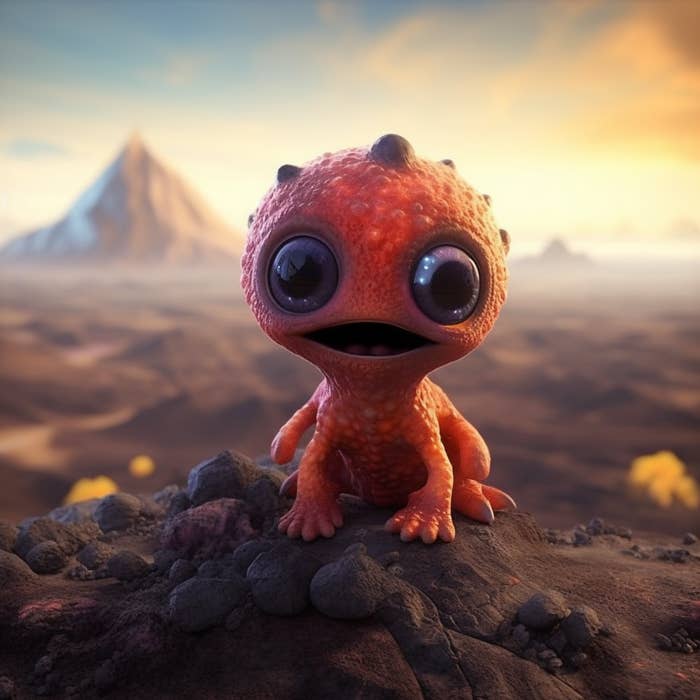 The alien resembles a tiny dinosaur that looks like lava, with pustules on its head