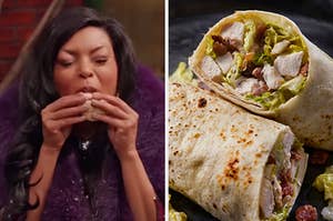 On the left, Taraji P Henson eating cookies on Sesame Street, and on the right, a chicken Caesar wrap