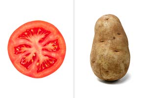 a tomato on the left and a potato on the right
