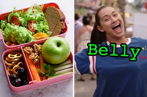 On the left, a plastic lunch container that contains salad, a piece of bread, a green apple, nuts, fruits and veggies, and pretzels, and on the right, Belly from The Summer I Turned Pretty opeming her mouth wide