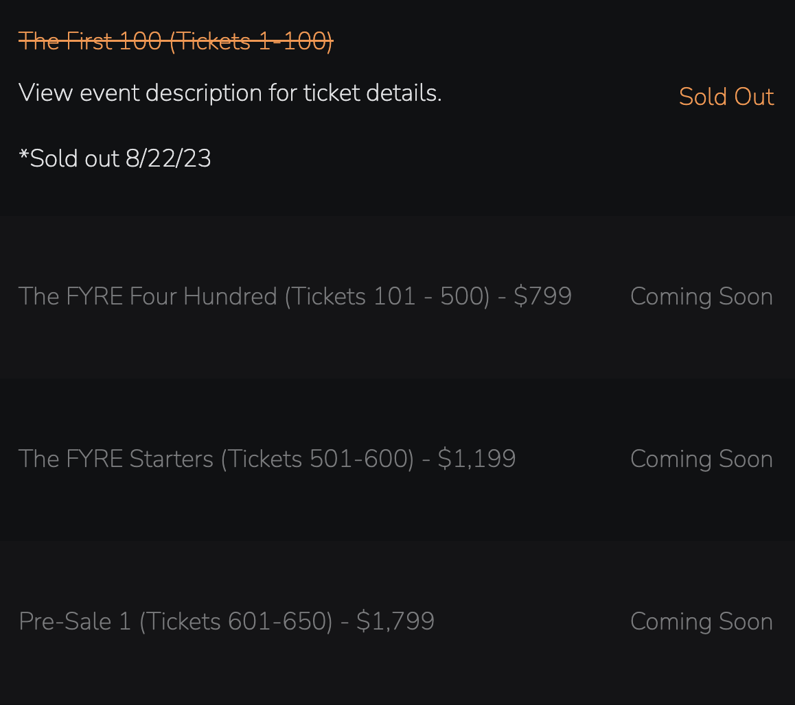 web page with the ticket selection sold out