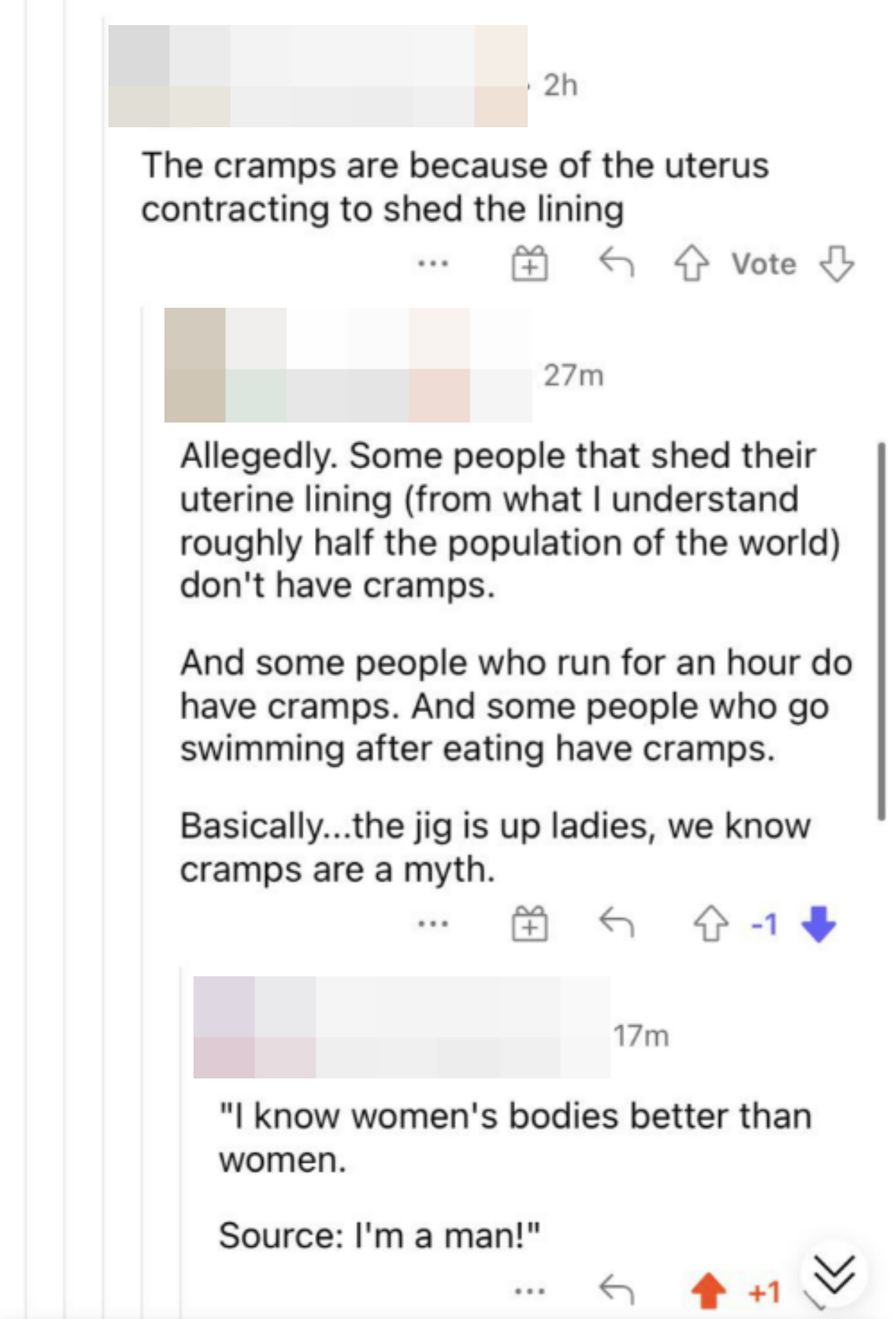 man saying swimmers get cramps so the jig is up, women are lying about period cramps