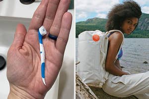 Reviewer holding one of the disposable toothbrushes in their hand/  Model with the mini to-go bag on their back worn as a backpack in cream color against a nature background