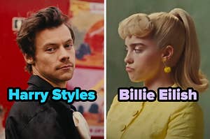 On the left, Harry Styles in the Daylight music video, and on the right, Billie Eilish in the What Was I Made for music video